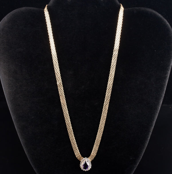 14k Yellow White Gold Pear Amethyst Diamond Halo Necklace W/ 17" Chain 1.90ctw