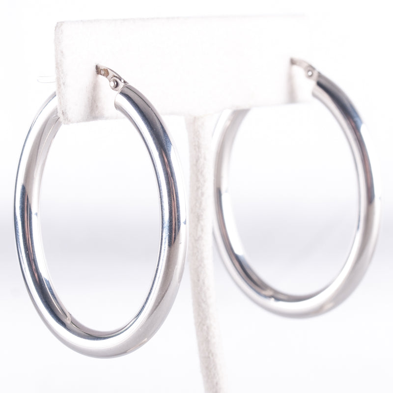 14k White Gold Italian Hollow Hoop Style Earrings W/ Saddlebacks 3.78g