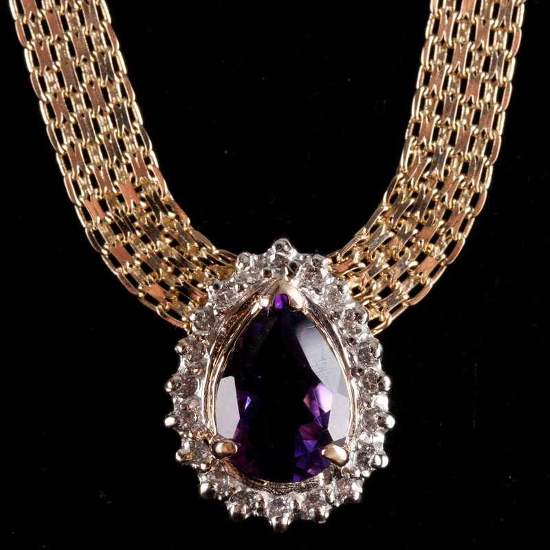 14k Yellow White Gold Pear Amethyst Diamond Halo Necklace W/ 17" Chain 1.90ctw