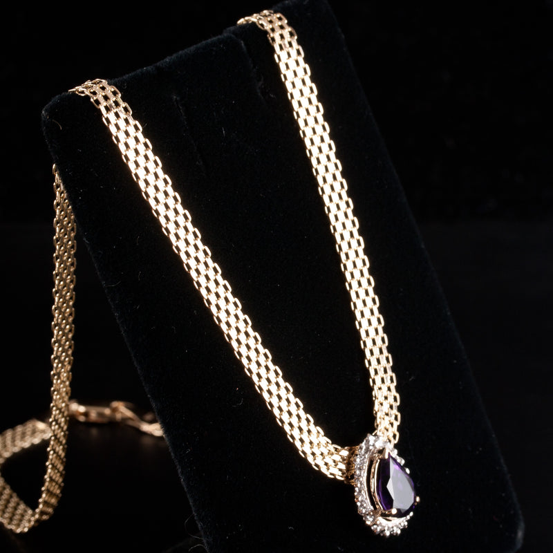 14k Yellow White Gold Pear Amethyst Diamond Halo Necklace W/ 17" Chain 1.90ctw