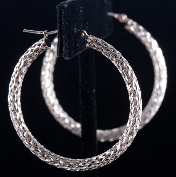 14k White Gold Hollow Hoop Mesh Style Earrings W/ Saddlebacks 2.73g