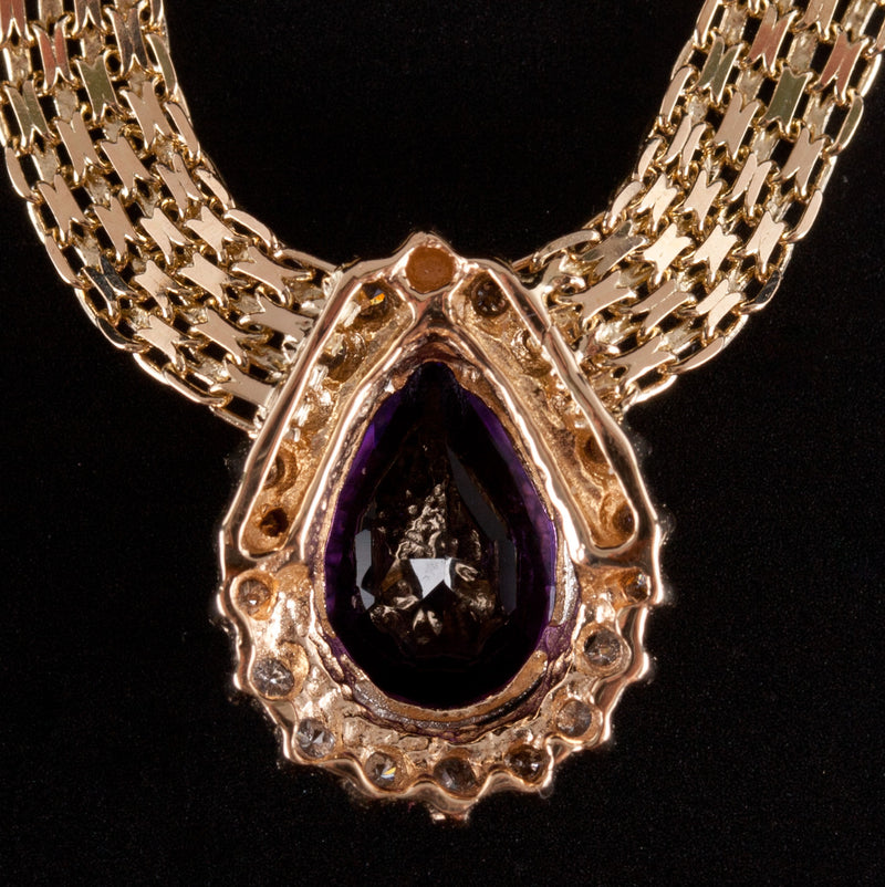 14k Yellow White Gold Pear Amethyst Diamond Halo Necklace W/ 17" Chain 1.90ctw