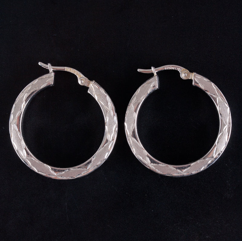 14k White Gold Hollow Hoop Etched Style Earrings W/ Saddlebacks 2.85g