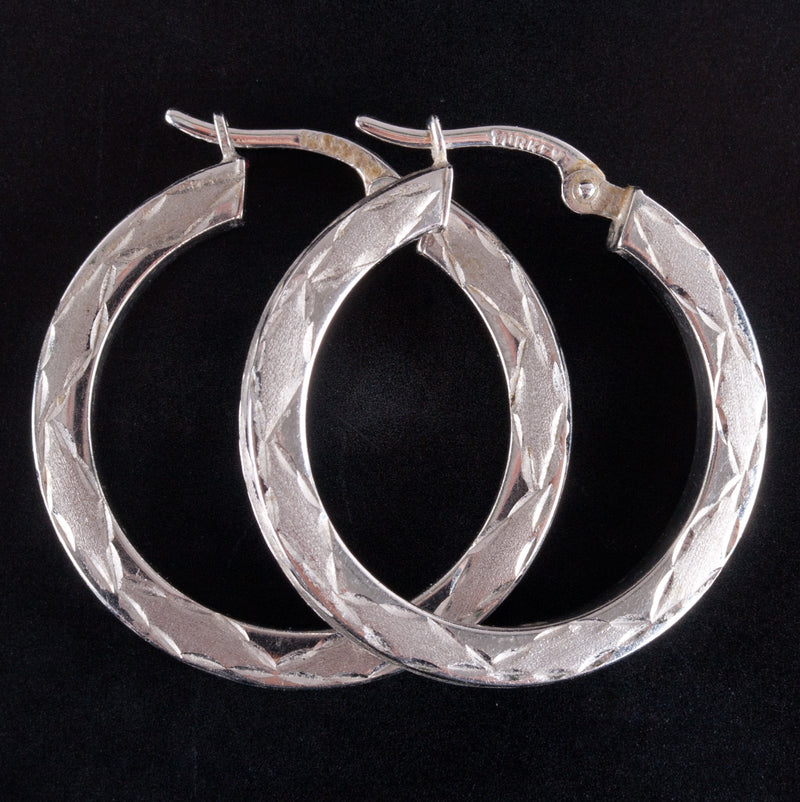 14k White Gold Hollow Hoop Etched Style Earrings W/ Saddlebacks 2.85g