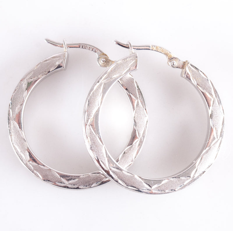 14k White Gold Hollow Hoop Etched Style Earrings W/ Saddlebacks 2.85g