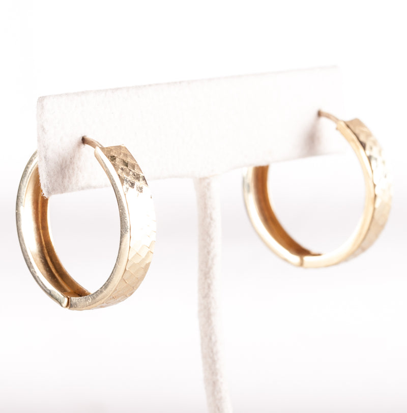 14k Yellow Gold Hollow Hinged Hoop Square Pattern Style Earrings 4.25g