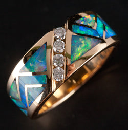 18k Yellow Gold Santa Fe Goldworks Australian Opal Diamond Inlay Ring .12ctw