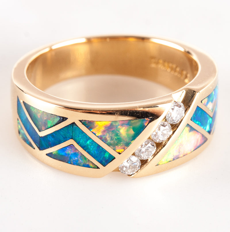18k Yellow Gold Santa Fe Goldworks Australian Opal Diamond Inlay Ring .12ctw