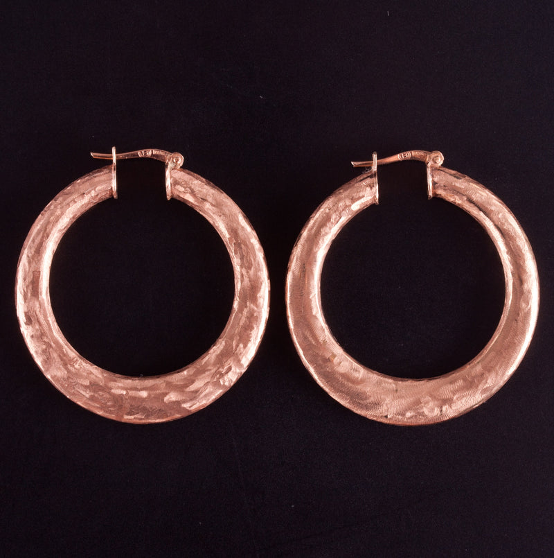 10k Rose Gold Hollow Hoop Hammered Finish Style Earrings W/ Saddlebacks 3.23g