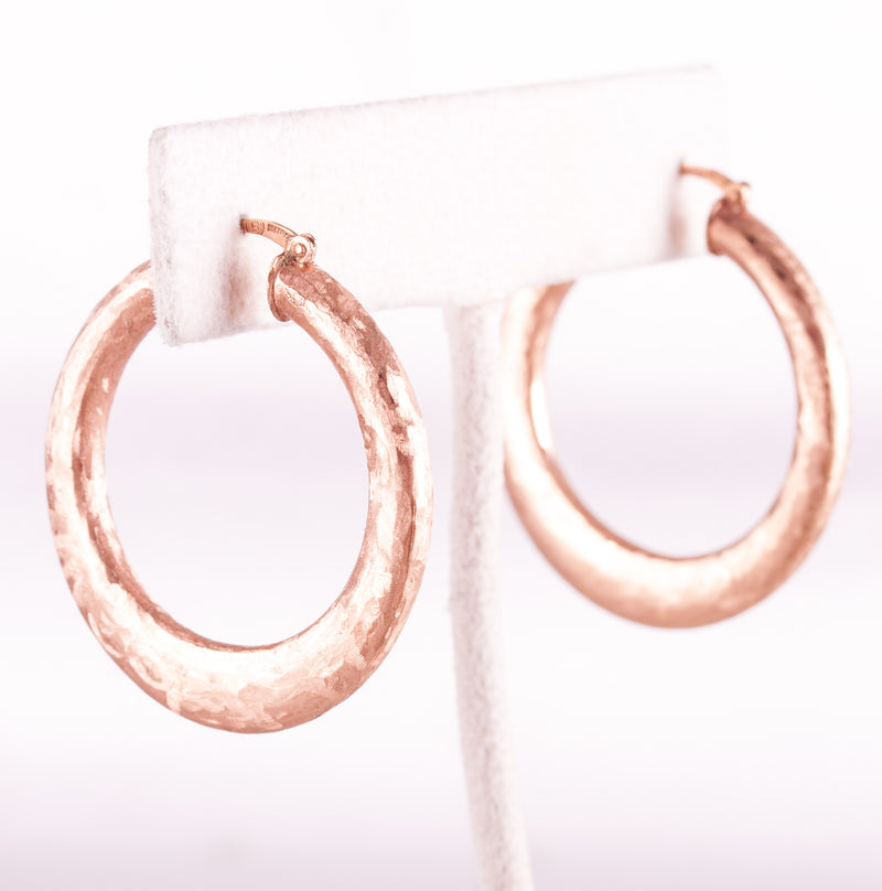 10k Rose Gold Hollow Hoop Hammered Finish Style Earrings W/ Saddlebacks 3.23g