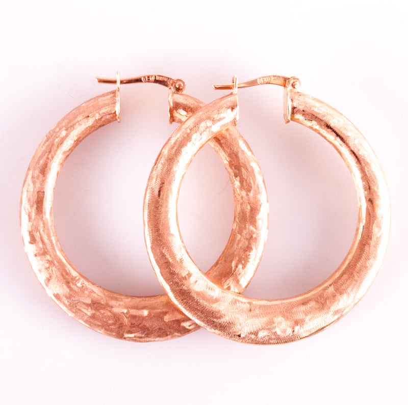 10k Rose Gold Hollow Hoop Hammered Finish Style Earrings W/ Saddlebacks 3.23g