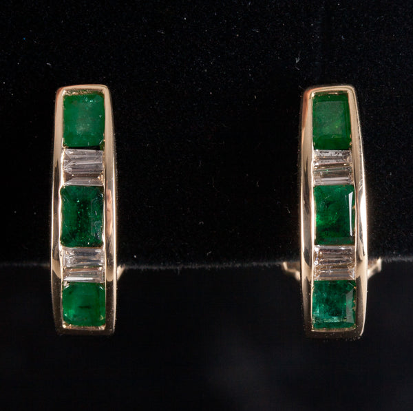 14k Yellow Gold Emerald Diamond Huggie Earrings W/ Omega Backs 1.10ctw 4.62g