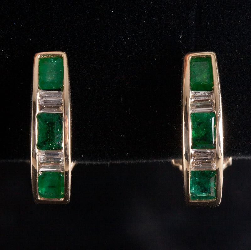 14k Yellow Gold Emerald Diamond Huggie Earrings W/ Omega Backs 1.10ctw 4.62g