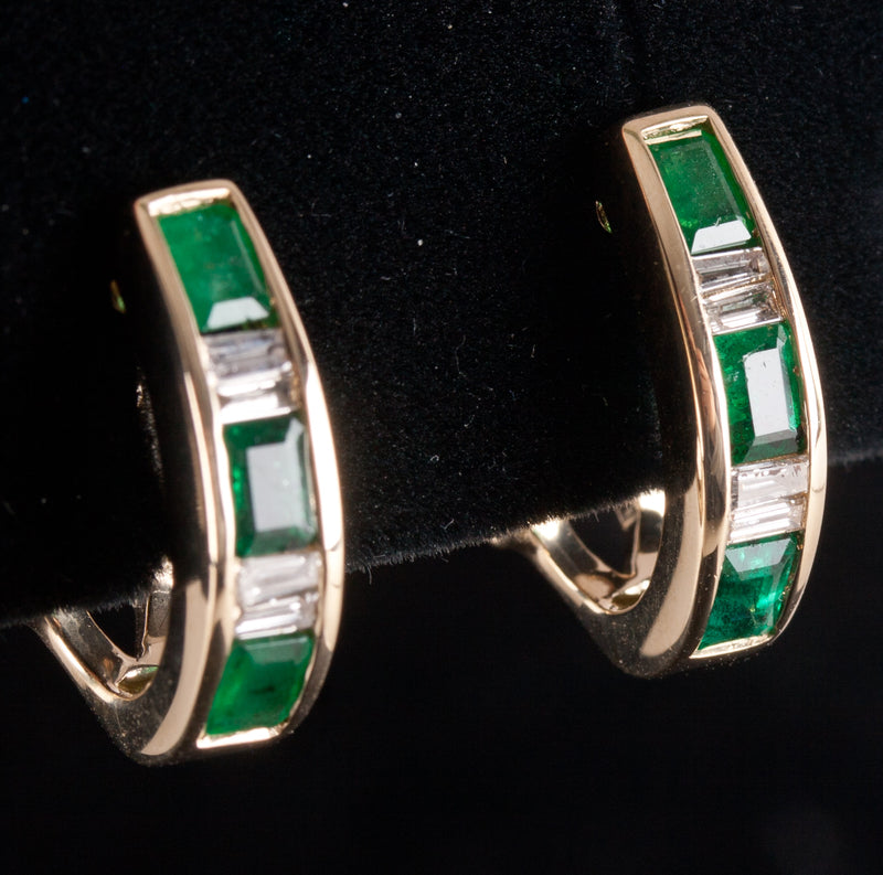 14k Yellow Gold Emerald Diamond Huggie Earrings W/ Omega Backs 1.10ctw 4.62g