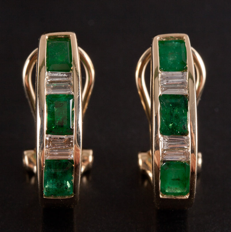 14k Yellow Gold Emerald Diamond Huggie Earrings W/ Omega Backs 1.10ctw 4.62g