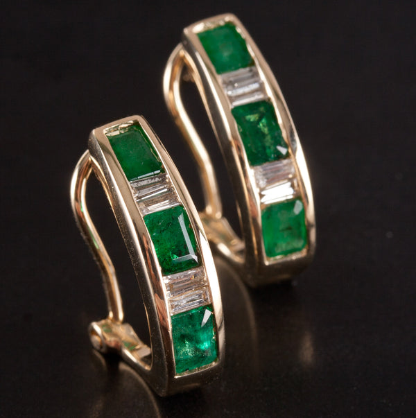 14k Yellow Gold Emerald Diamond Huggie Earrings W/ Omega Backs 1.10ctw 4.62g