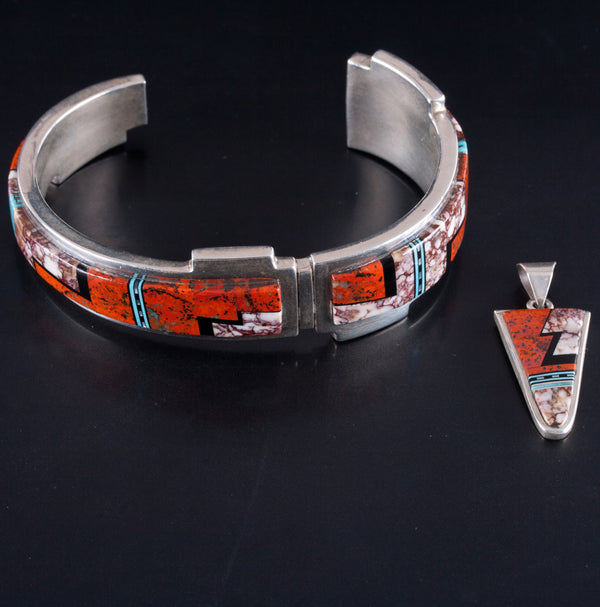 Sterling Silver Duran Gasper Zuni Inlay Multi-Stone Bracelet Pendant Set 54.5g