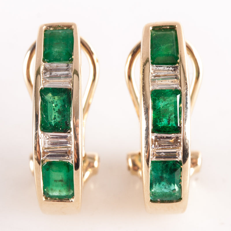 14k Yellow Gold Emerald Diamond Huggie Earrings W/ Omega Backs 1.10ctw 4.62g