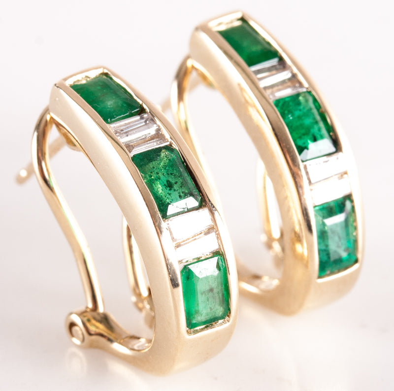 14k Yellow Gold Emerald Diamond Huggie Earrings W/ Omega Backs 1.10ctw 4.62g