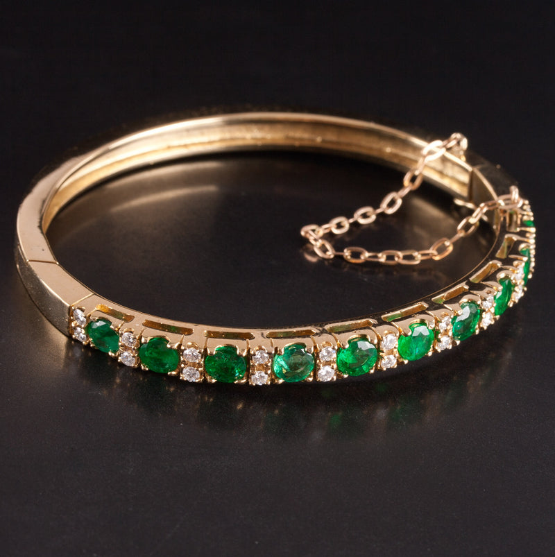 18k Yellow Gold Round Emerald Diamond Hinged Bangle Bracelet 3.35ctw 27.5g