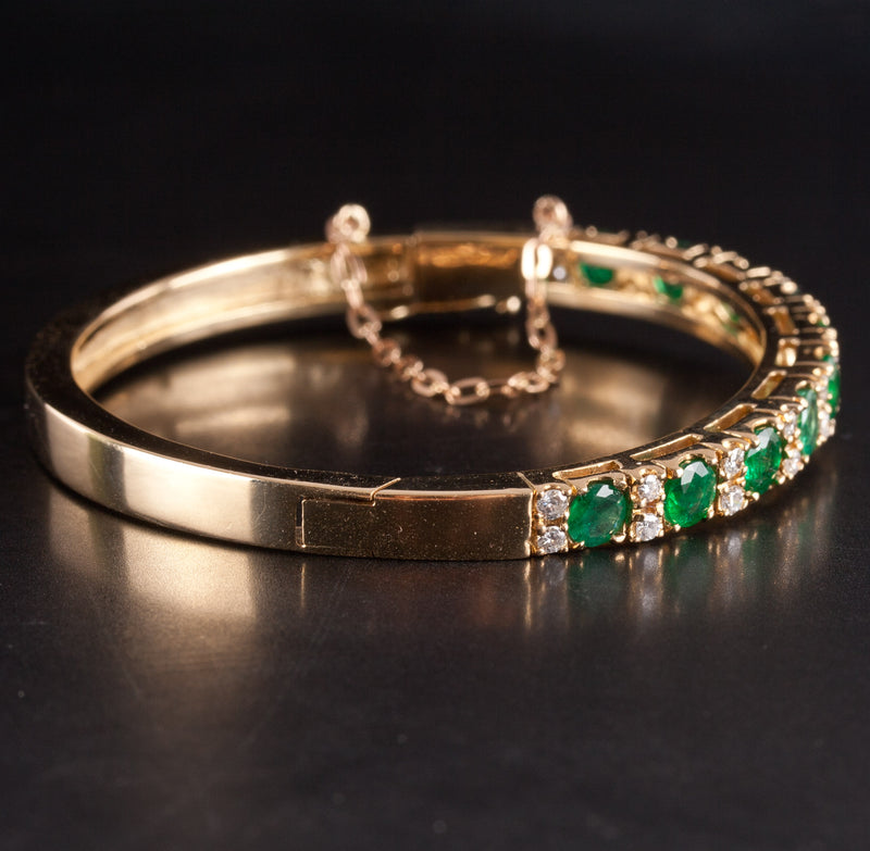 18k Yellow Gold Round Emerald Diamond Hinged Bangle Bracelet 3.35ctw 27.5g