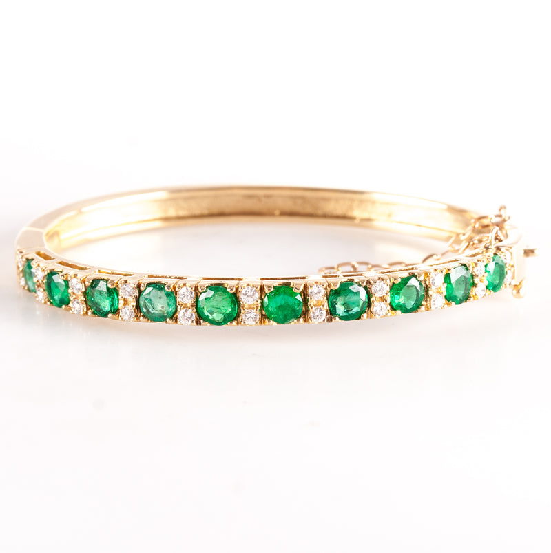 18k Yellow Gold Round Emerald Diamond Hinged Bangle Bracelet 3.35ctw 27.5g