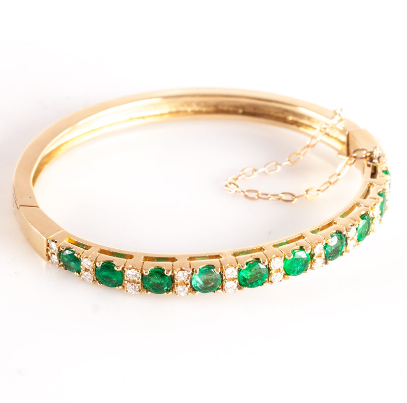 18k Yellow Gold Round Emerald Diamond Hinged Bangle Bracelet 3.35ctw 27.5g