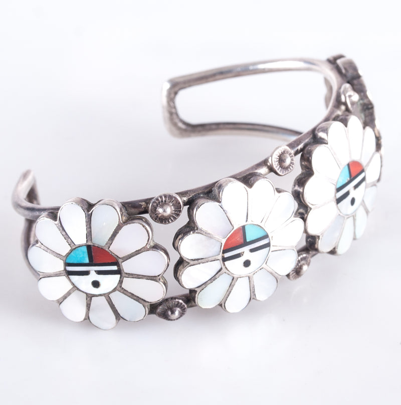 Vintage 1960's Sterling Silver Zuni Sun Maiden Multi-Stone Cuff Bracelet 37g
