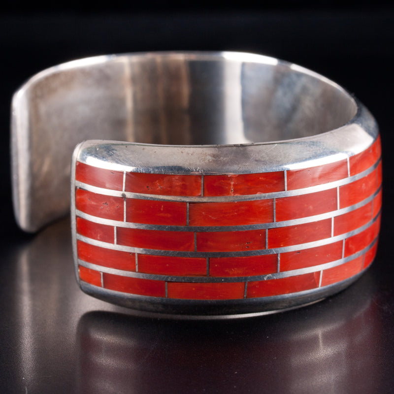 Vintage 1970's Sterling Silver Zuni Natural Coral Inlay Cuff Bracelet 70.9g
