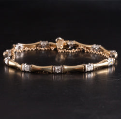 18k Yellow White Gold Round Diamond Bamboo Style Bracelet .77ctw 6.5" Length