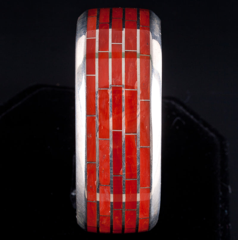 Vintage 1970's Sterling Silver Zuni Natural Coral Inlay Cuff Bracelet 70.9g