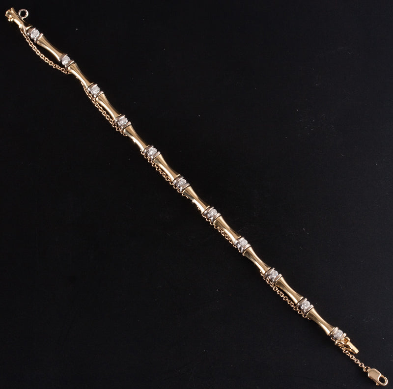 18k Yellow White Gold Round Diamond Bamboo Style Bracelet .77ctw 6.5" Length