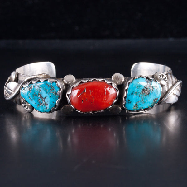Vintage 1970s Sterling Silver Zuni Sleeping Beauty Turquoise Coral Cuff Bracelet