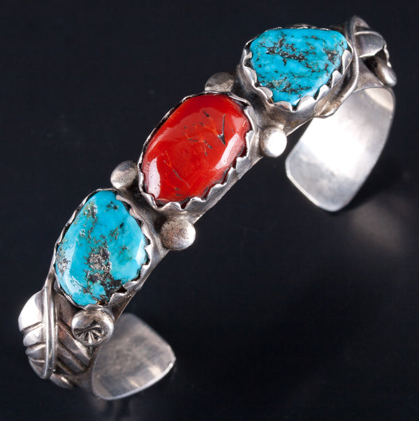 Vintage 1970s Sterling Silver Zuni Sleeping Beauty Turquoise Coral Cuff Bracelet