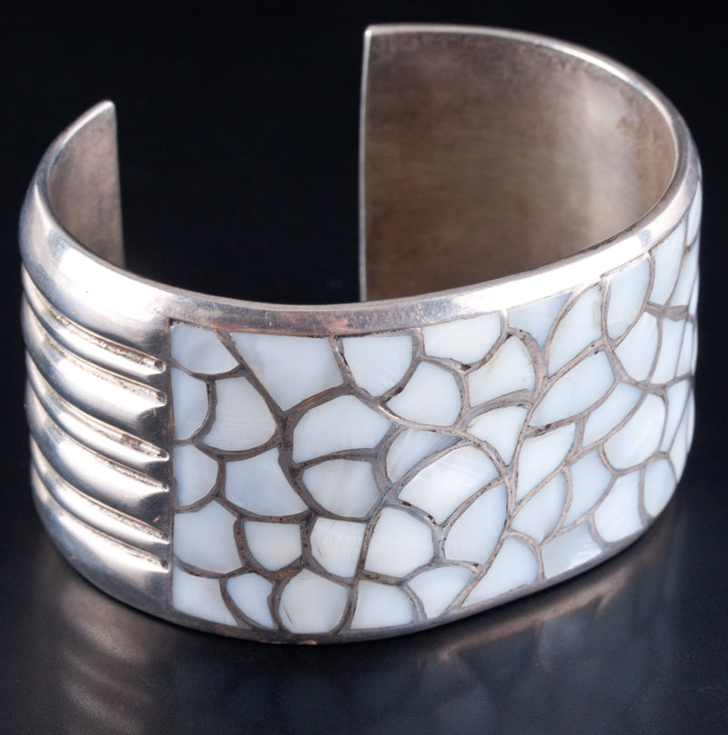 Vintage 1970's Sterling Silver Zuni Mother of Pearl Inlay Wide Cuff Bracelet 92g