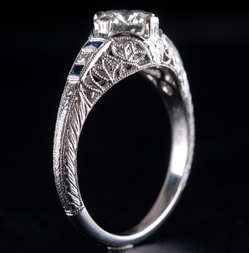 14k White Gold Diamond Sapphire Vintage Style Filigree Engagement Ring 1.08ctw