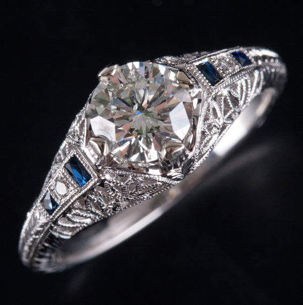 14k White Gold Diamond Sapphire Vintage Style Filigree Engagement Ring 1.08ctw