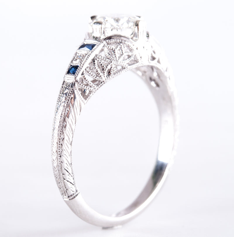 14k White Gold Diamond Sapphire Vintage Style Filigree Engagement Ring 1.08ctw