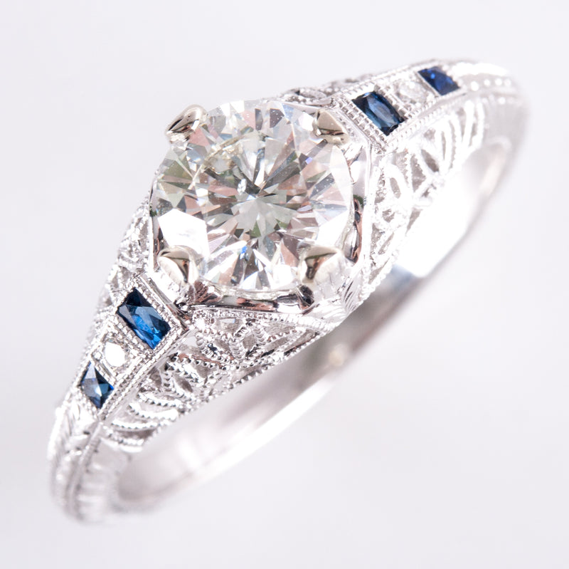 14k White Gold Diamond Sapphire Vintage Style Filigree Engagement Ring 1.08ctw