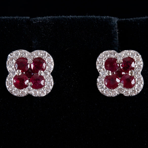 14k White Gold Round Ruby Diamond Stud Earrings W/ Butterfly Backs 1.12ctw 3.32g