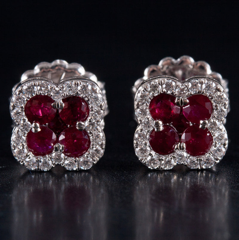 14k White Gold Round Ruby Diamond Stud Earrings W/ Butterfly Backs 1.12ctw 3.32g