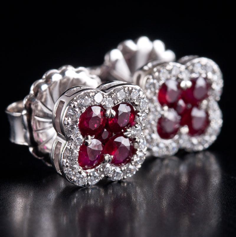 14k White Gold Round Ruby Diamond Stud Earrings W/ Butterfly Backs 1.12ctw 3.32g