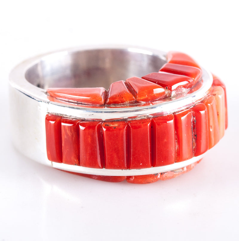 Vintage 1970's Navajo Sterling Silver Cabochon Red Orange Coral Cocktail Ring
