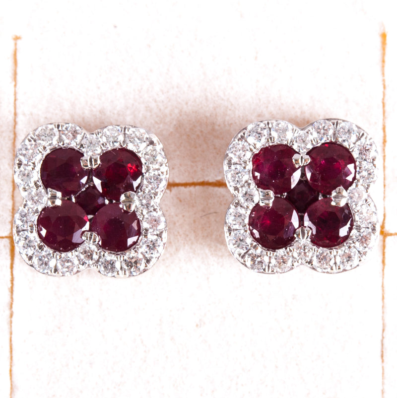 14k White Gold Round Ruby Diamond Stud Earrings W/ Butterfly Backs 1.12ctw 3.32g