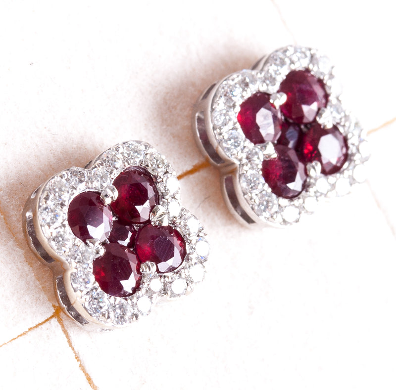 14k White Gold Round Ruby Diamond Stud Earrings W/ Butterfly Backs 1.12ctw 3.32g