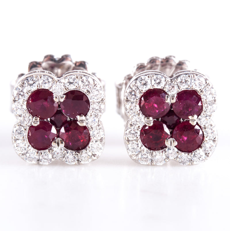 14k White Gold Round Ruby Diamond Stud Earrings W/ Butterfly Backs 1.12ctw 3.32g