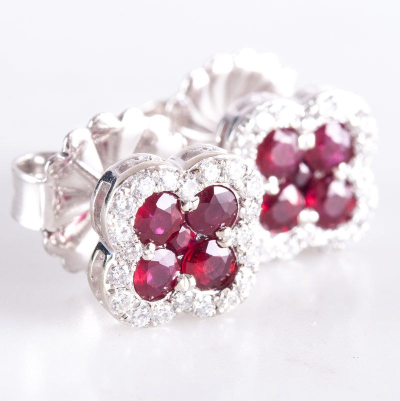 14k White Gold Round Ruby Diamond Stud Earrings W/ Butterfly Backs 1.12ctw 3.32g