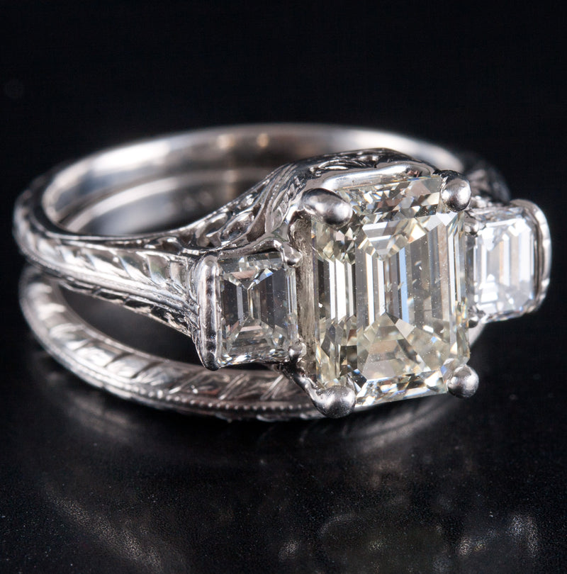 Vintage 1930's Platinum Diamond Three-Stone Engagement Wedding Ring Set 2.67ctw