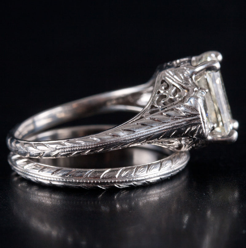 Vintage 1930's Platinum Diamond Three-Stone Engagement Wedding Ring Set 2.67ctw