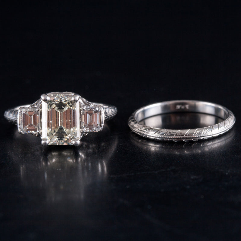 Vintage 1930's Platinum Diamond Three-Stone Engagement Wedding Ring Set 2.67ctw